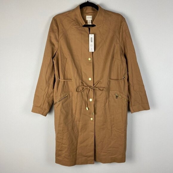 Chicos Drawstring Duster Jacket Womens 2P US PL Brown Sugar Snap Button Pockets - Picture 1 of 10